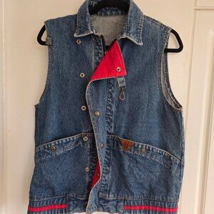 Vintage Denim Utility Vest – Red Lining, Snap Buttons